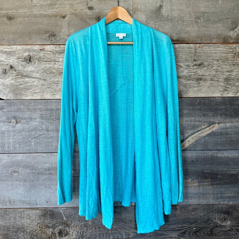 J Jill Love Linen Open Front Cardigan Sweater L Turquoise Blue Beach Coastal